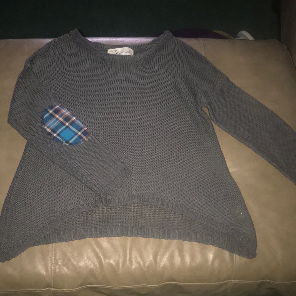 Crop swing sweater with plaid elbow patches